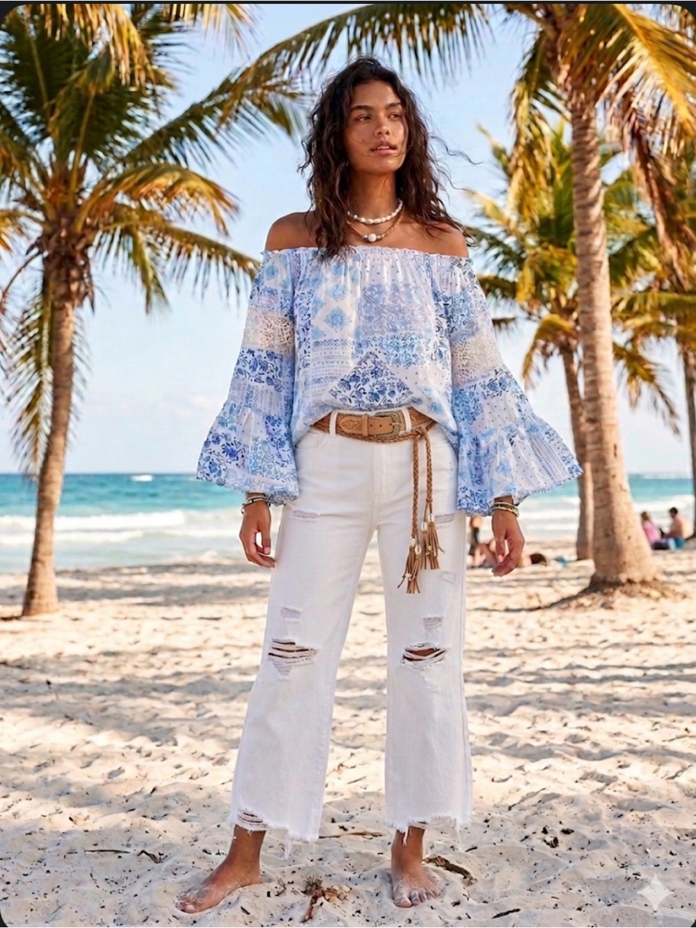 Blue Patterned and cotton lace Off-Shoulder Boho Blouse